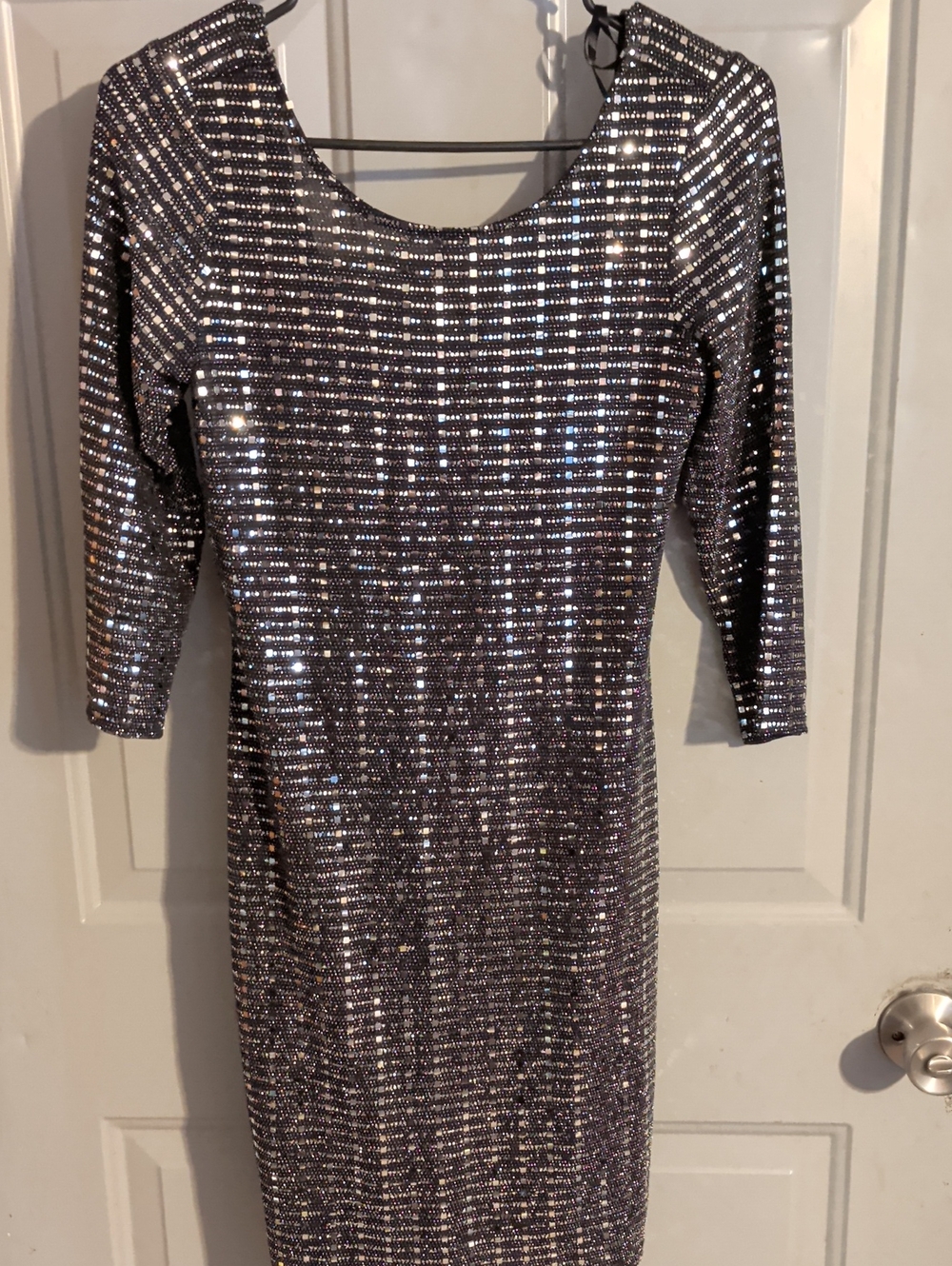 A. Byer Silver Sequin 3/4 Sleeve Bodycon Dress